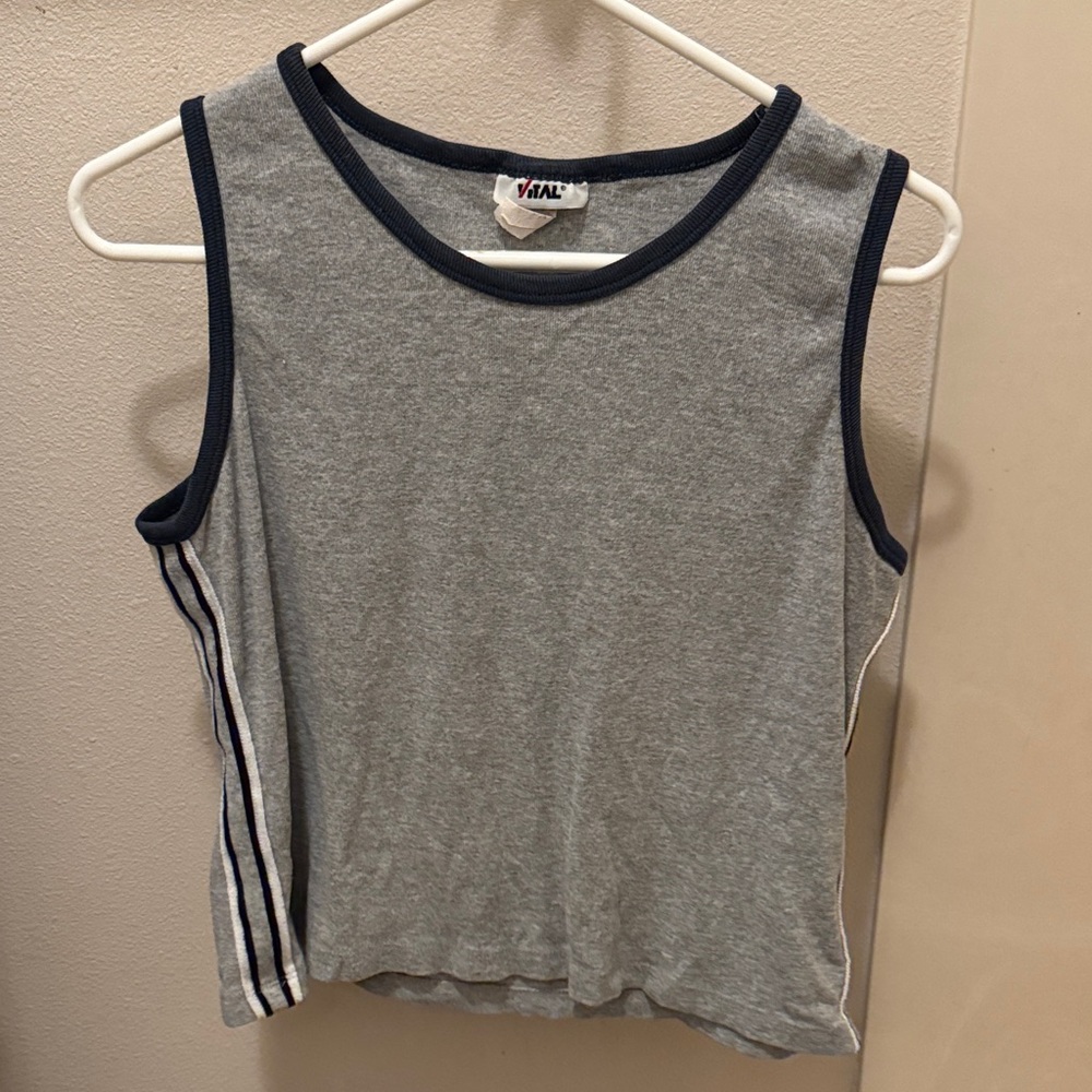Gray Sleeveless Top with Navy Trim